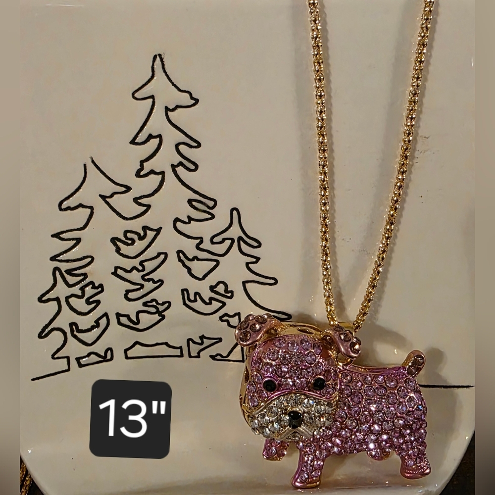 BETSY JOHNSON Pink and Gold Tone Dog Pendant Necklace